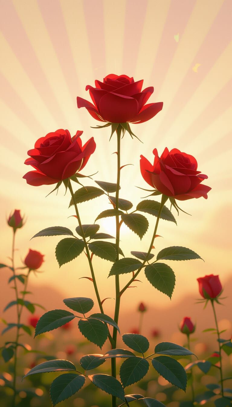 Vibrant Pixar-Style Red Roses at Dawn