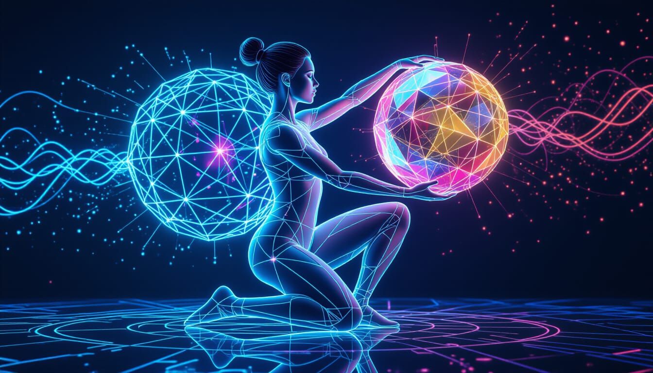 Surreal 3D art installation: A digital wireframe gymnast in ...