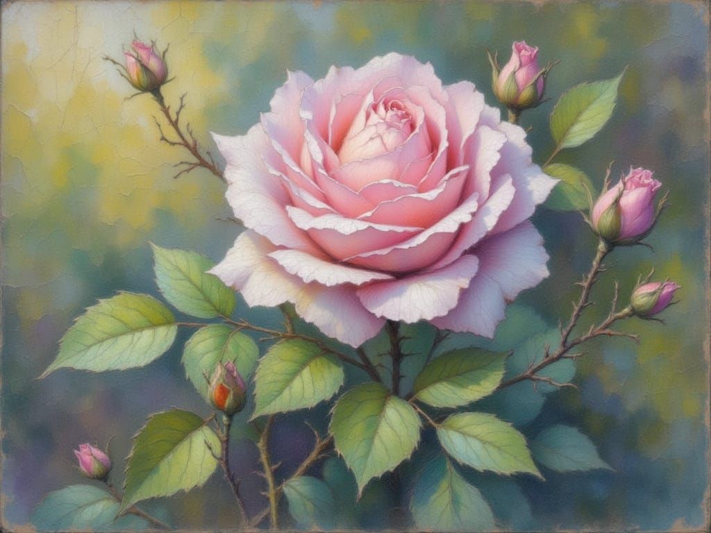 Dew-Kissed Pink Rose Bud in Pastel Garden Drawing