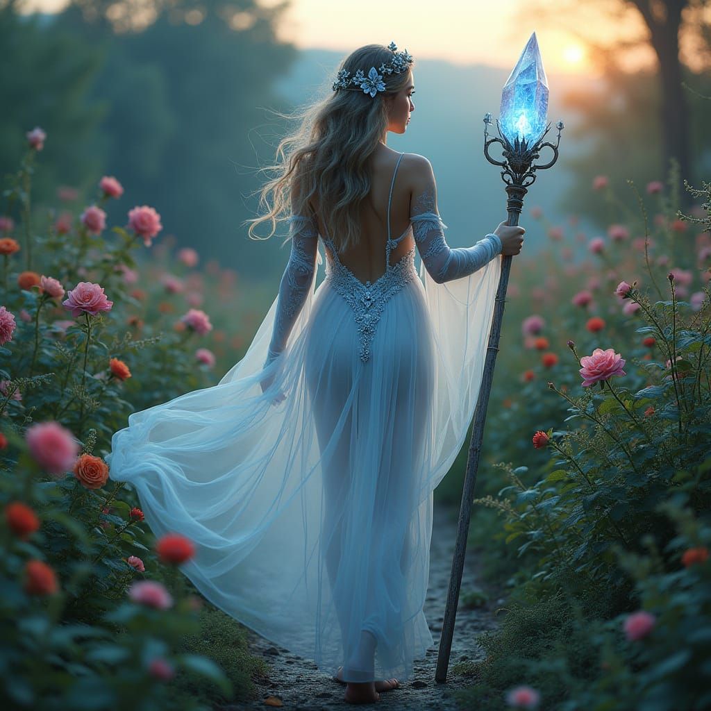 Ethereal Enchantress in a Blooming Garden Under Twilight