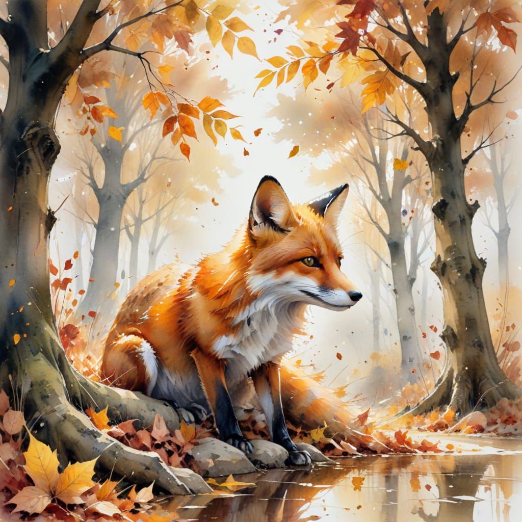 Watercolor Foxes Playing in Autumn Leaves