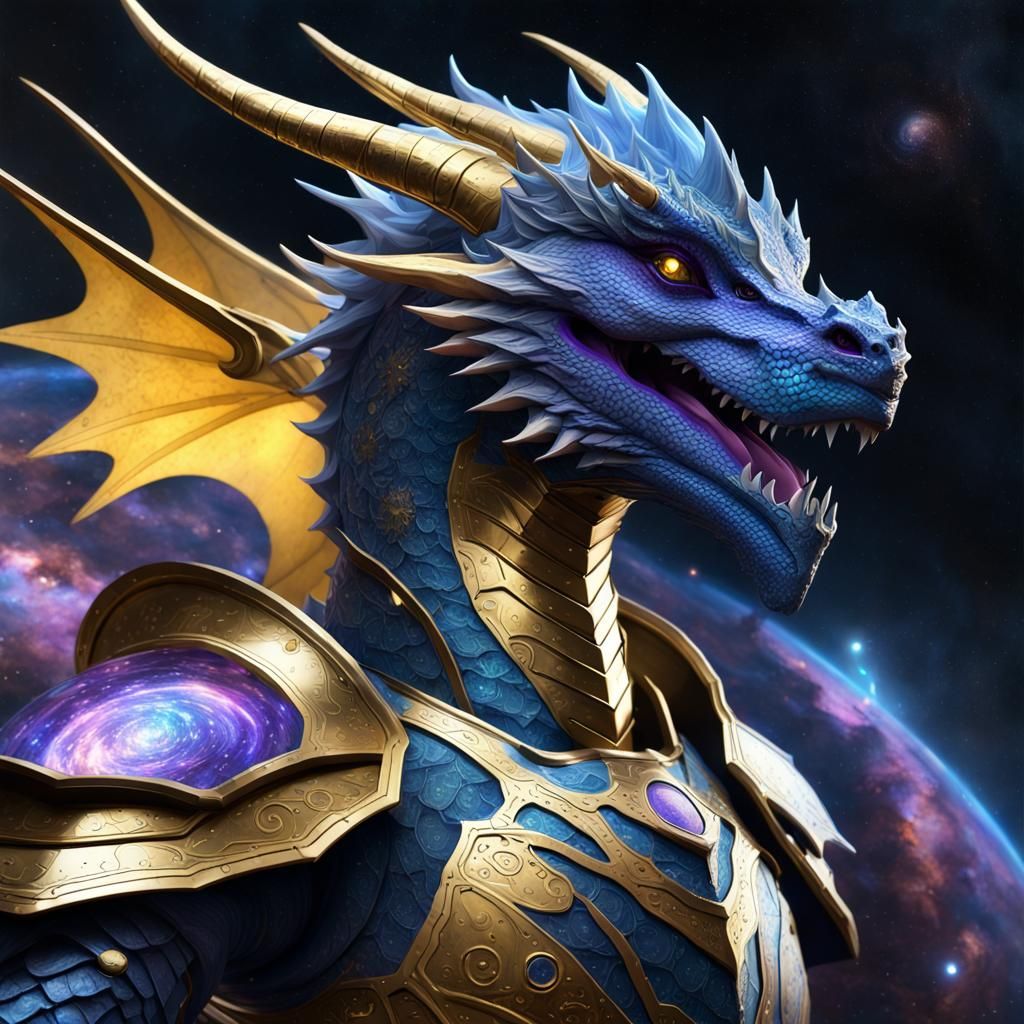 Blue Dragon in Gold Armor Galaxy Travel