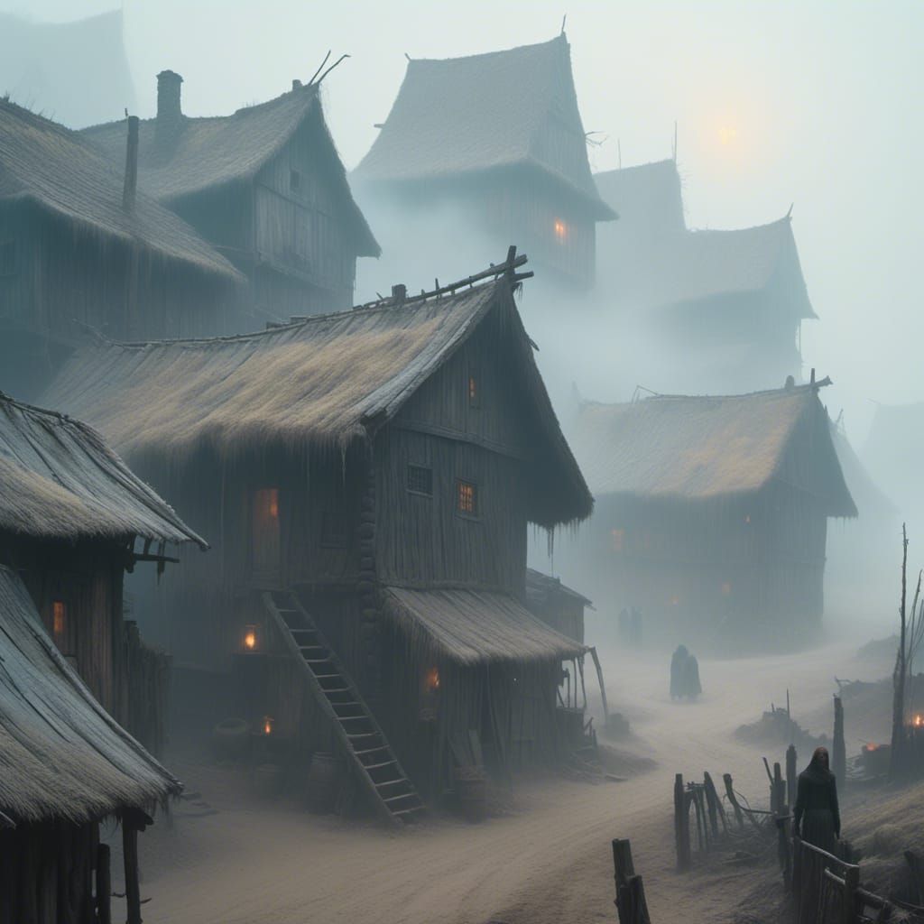 a Viking village in the mist