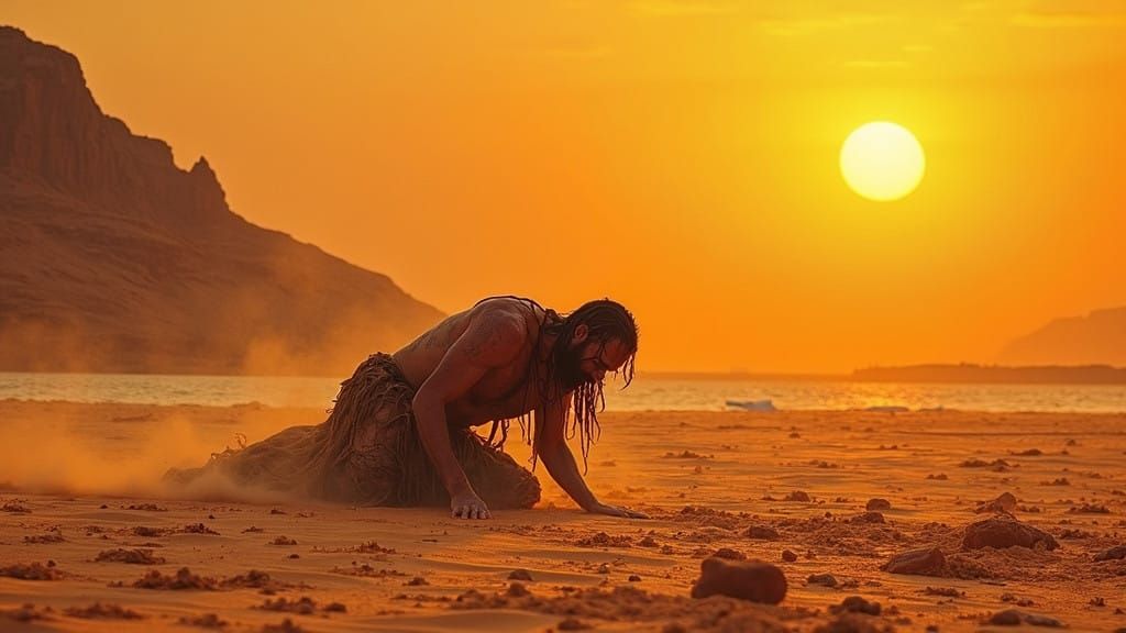 A Man Crawls Through a Scorching Desert Under the Blazing Su...