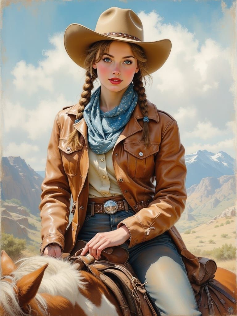 Cowgirl on Horseback in Expressive, Textured Style