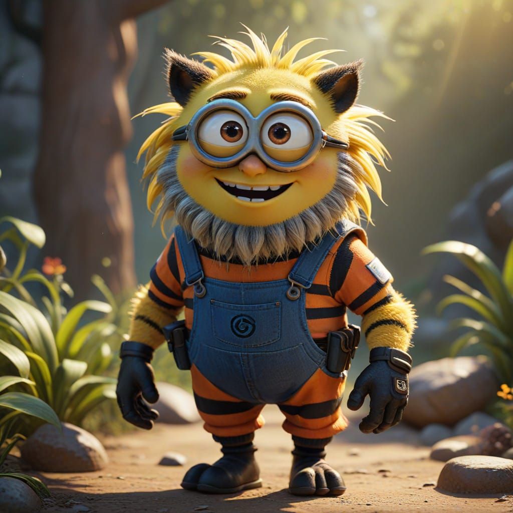Adorable Minion Rides Striped Tiger in Vibrant 3D Art