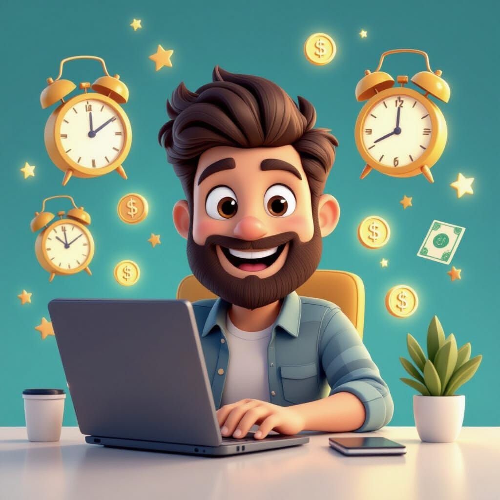 3D Cartoon Character at Laptop with Clocks and Money