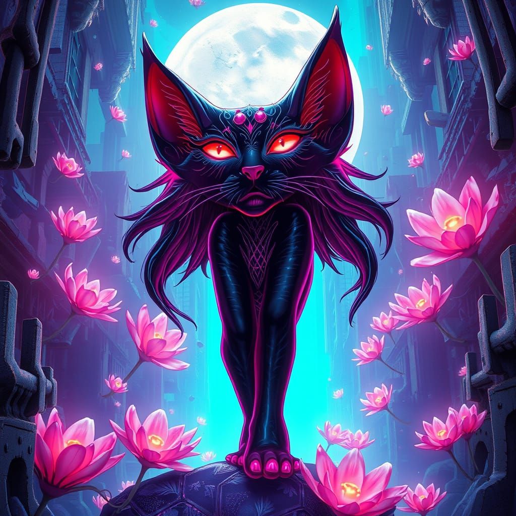 Half-Cat Goddess Ascends in Neon Jungle