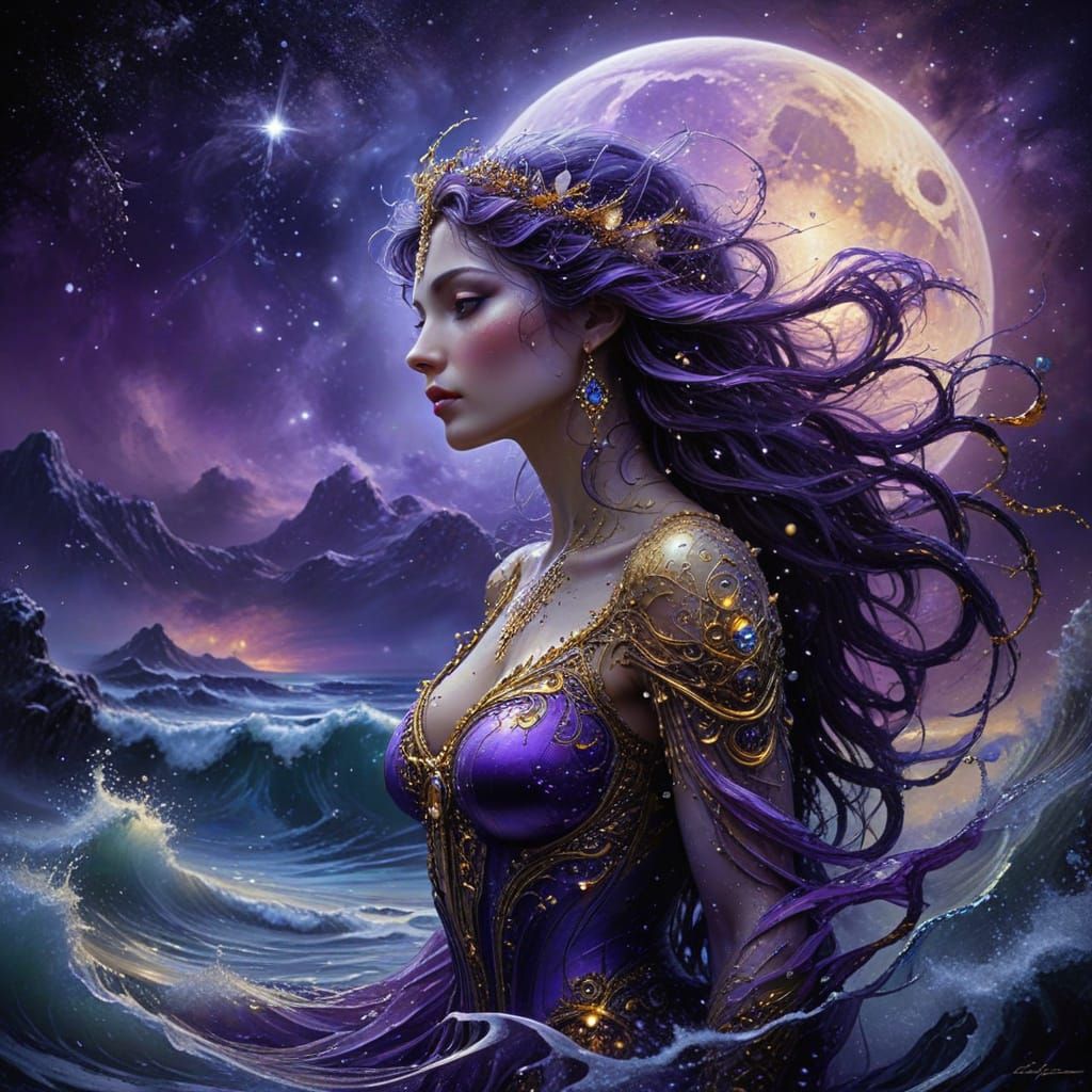 Surreal Night Scene with Purple Moon and Sparkling Snow