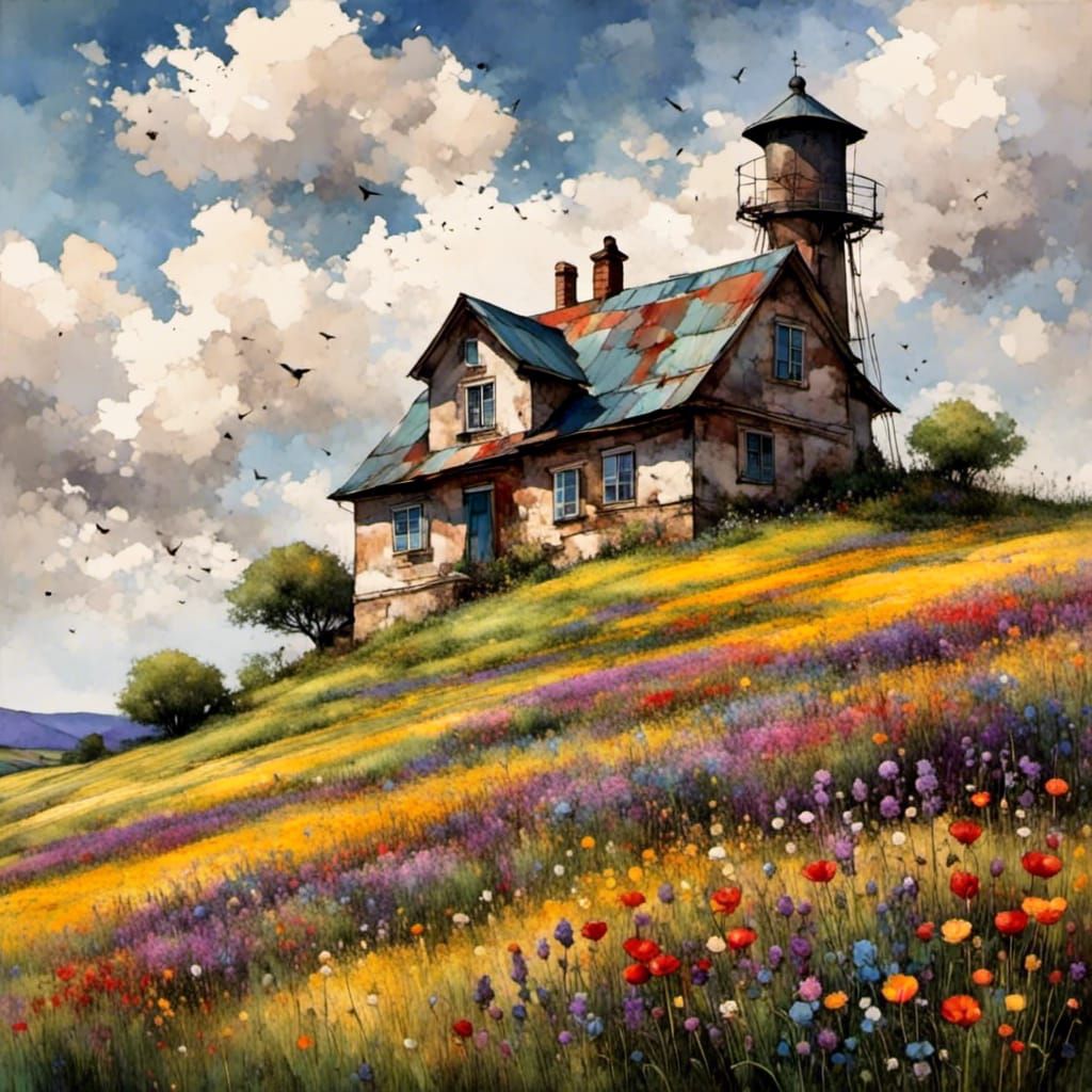 House on Hill with Flowers in Liquid Ink Style