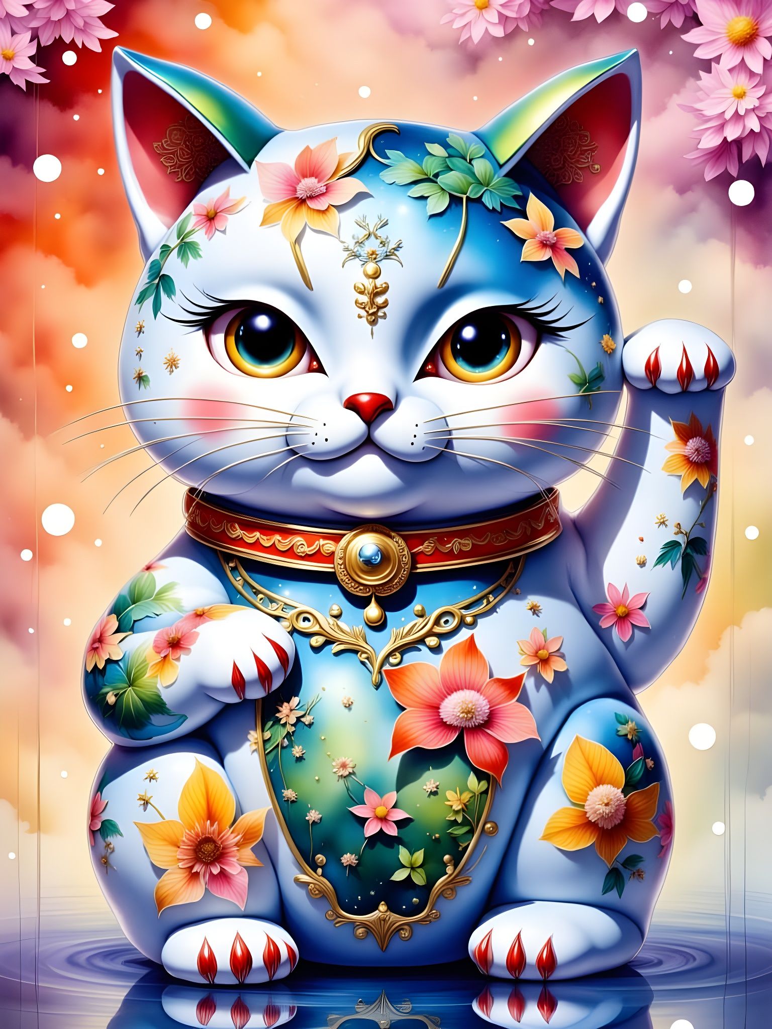 Surreal Watercolor Cat Beckons Fortune in Whimsical Studio G...