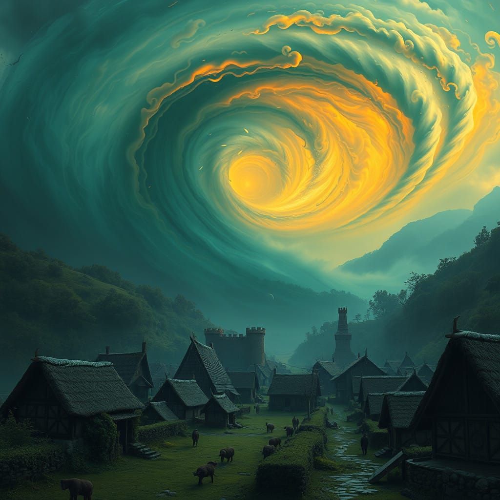 Fantastical Village Besieged by Turquoise Cyclone in Oil Pai...