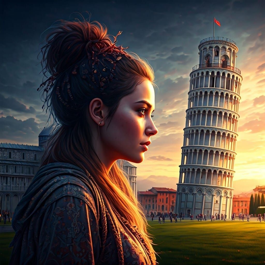 Pisa Leaning Tower at Dusk in Hyperrealistic Splash Art