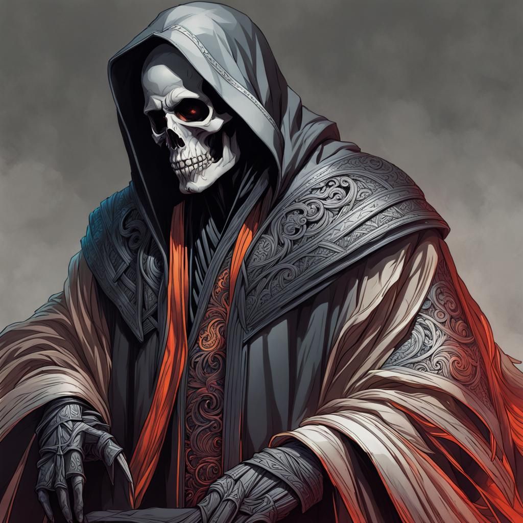 Intricate Ink Sketch of Death in Robe