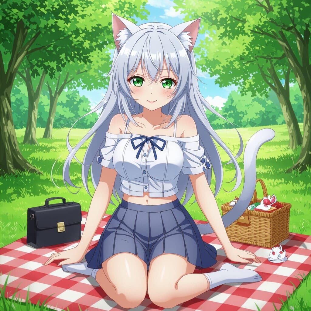 Anime Cat Girl with Silver Hair and Green Eyes on Picnic Bla...