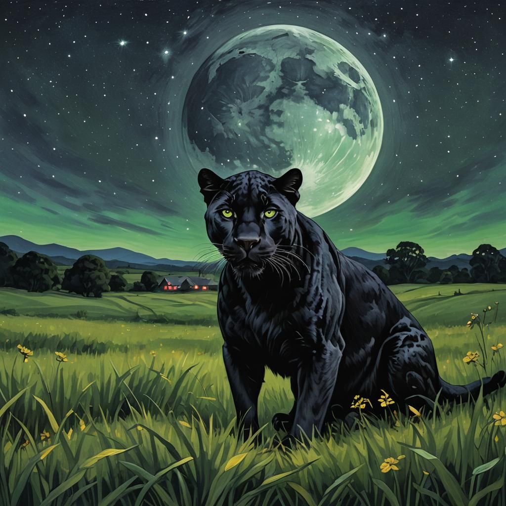 Black Panther with Green Eyes Under Moonlight