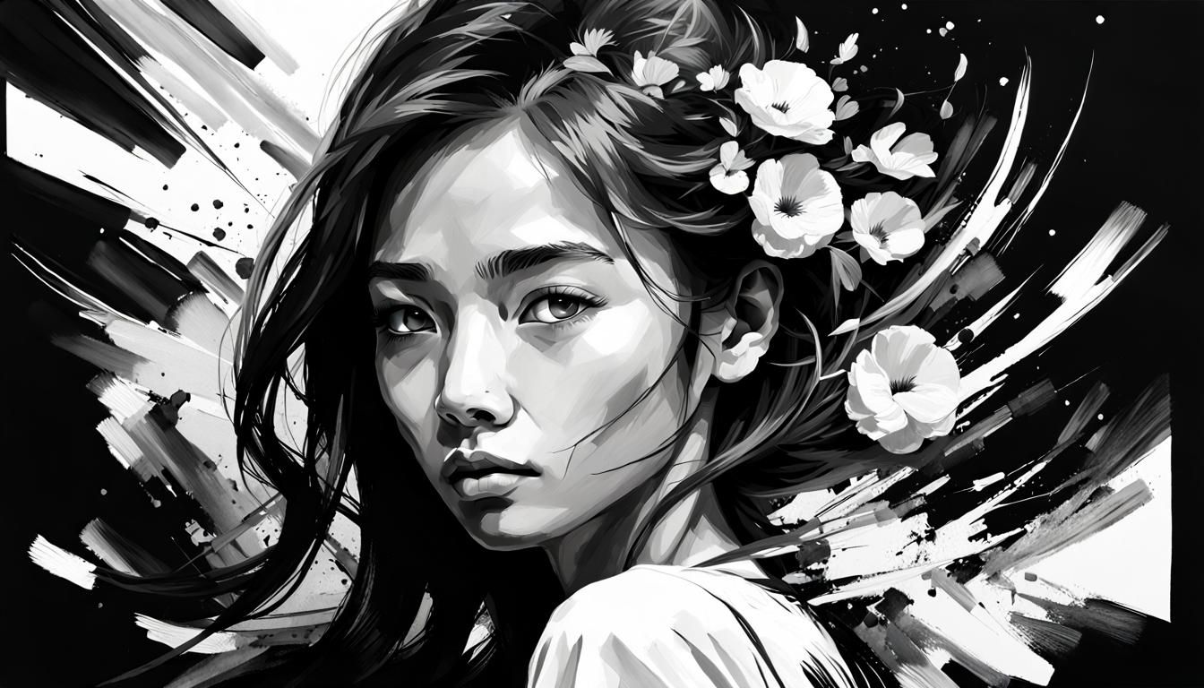 Dynamic Brushwork Portrait in Black and White
