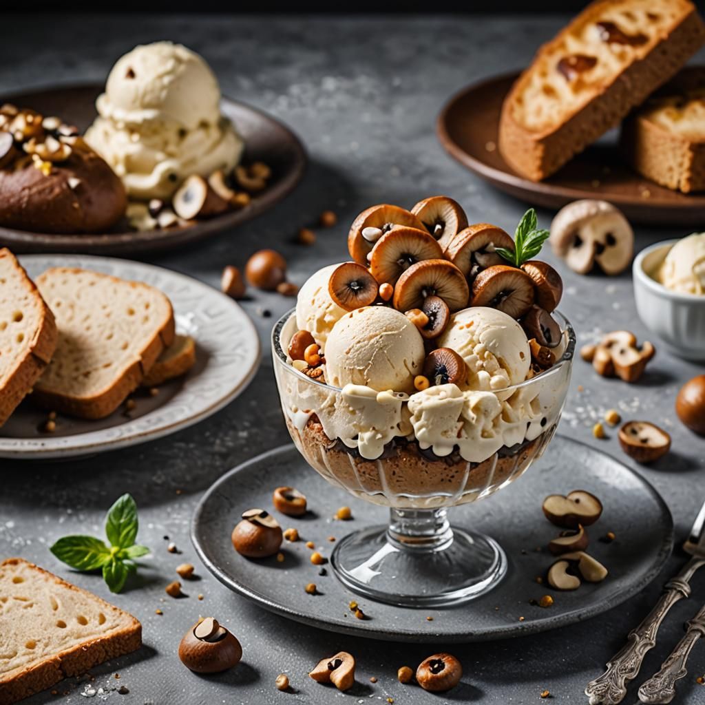 ice cream garnished with borodino bread and mushrooms