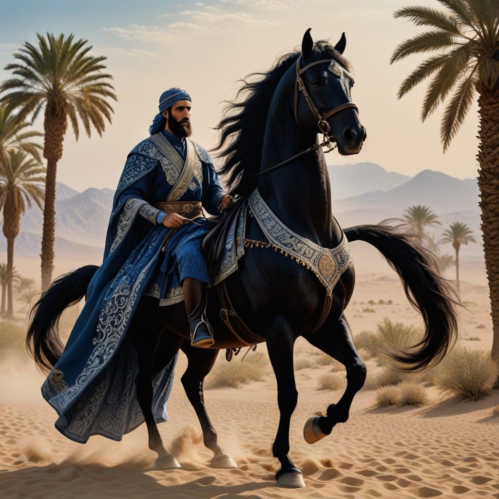 Majestic Arabian Warrior Rides Beside His Regal Black Horse