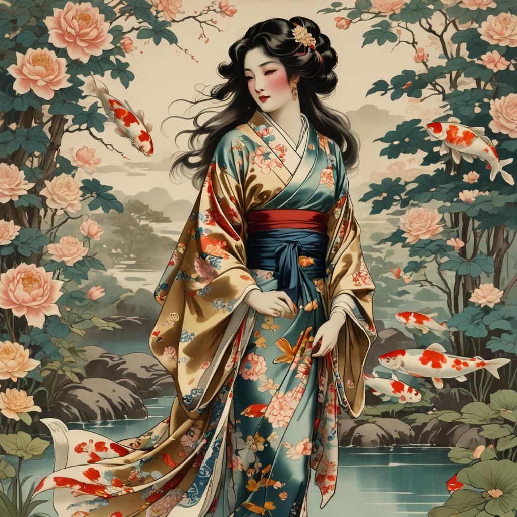 Girl in Kimono with Koi Carp, Art Nouveau Style