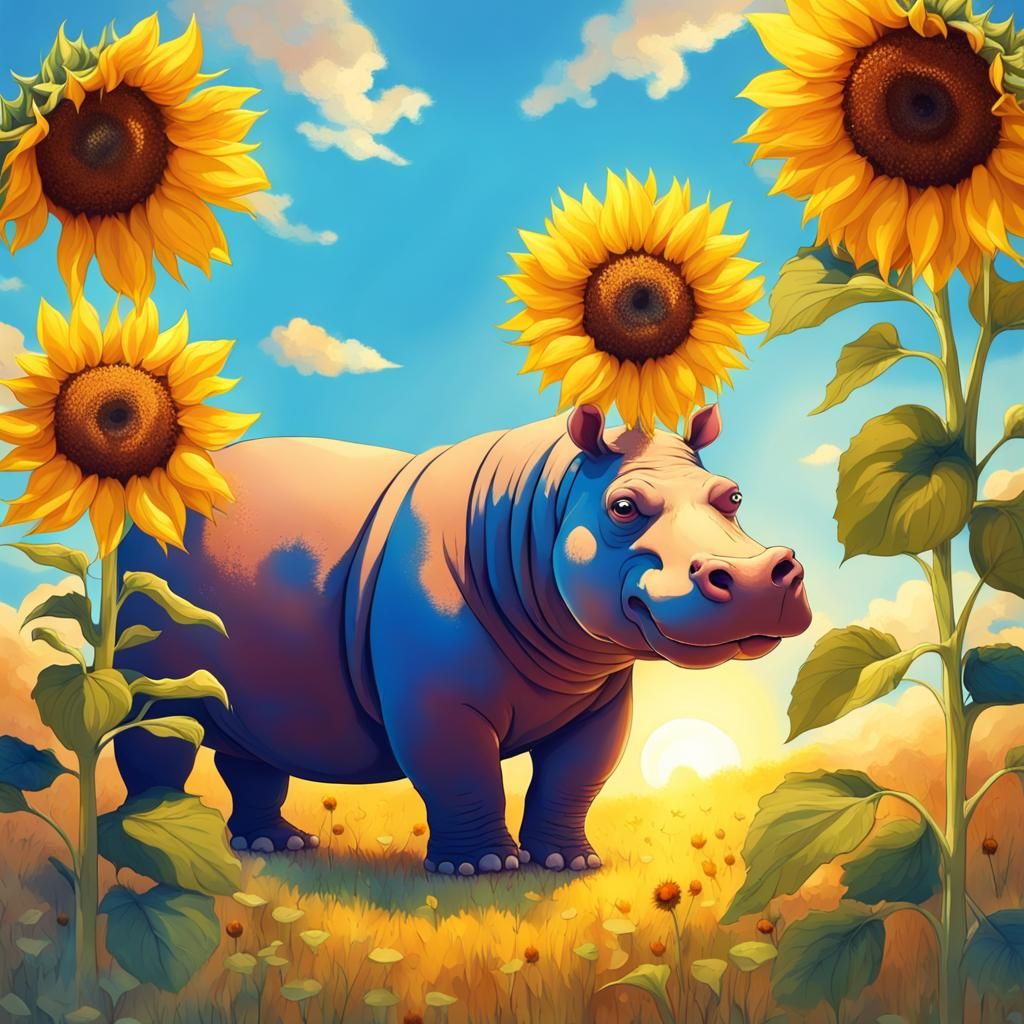 Sunflower Sun Illuminates Hippo Family