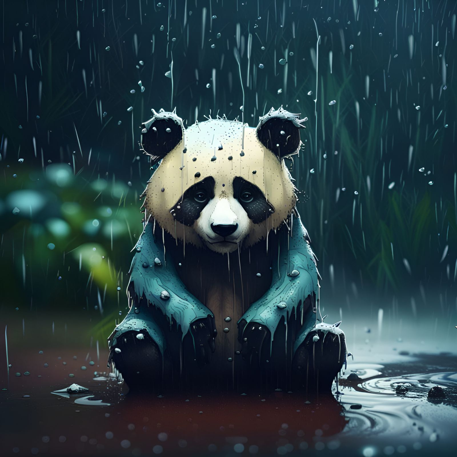 Panda in rain.