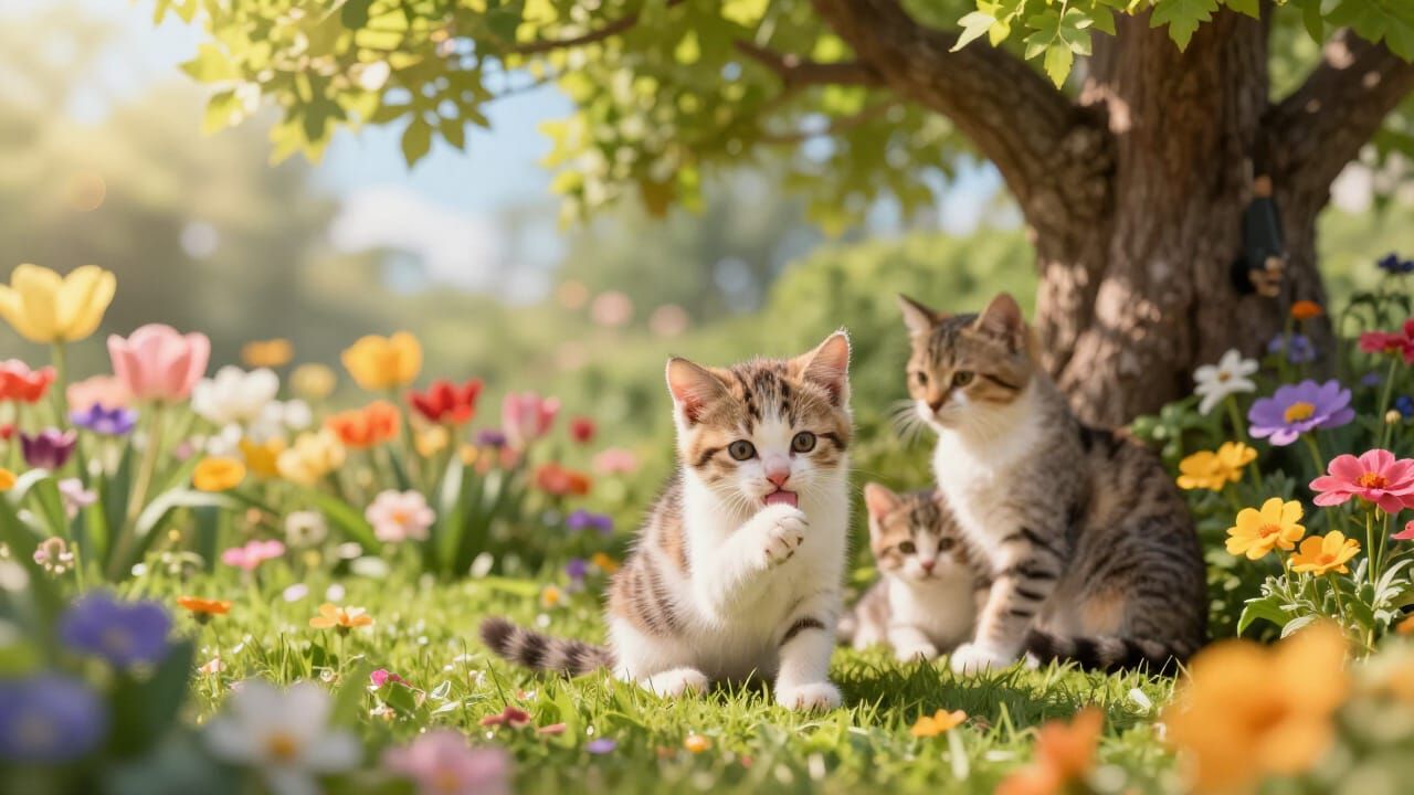 Kitten Family in Lush Garden with Volumetric Lighting