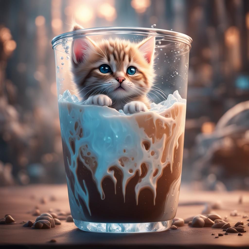 Kitten Trapped Inside Iced Latte: Detailed Digital Art