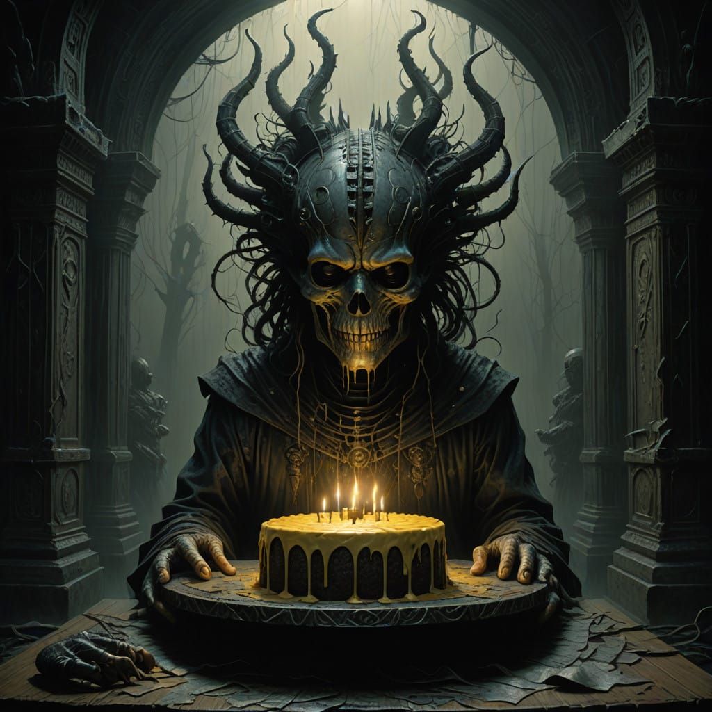 Mysterious Ancient Tome Beside Haunting Cake in Cinematic St...