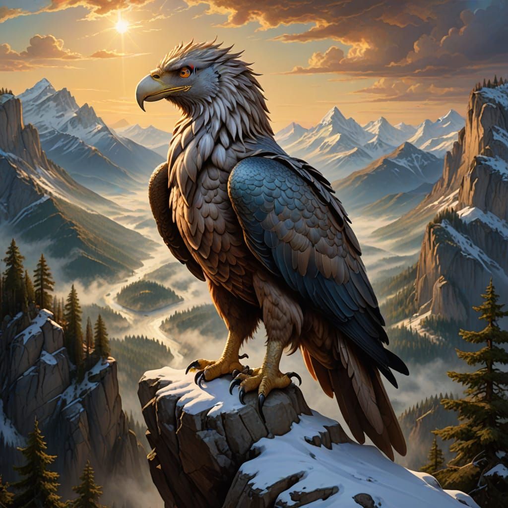 Majestic Griffin in Renaissance Style Overlooks a Snowy Vall...