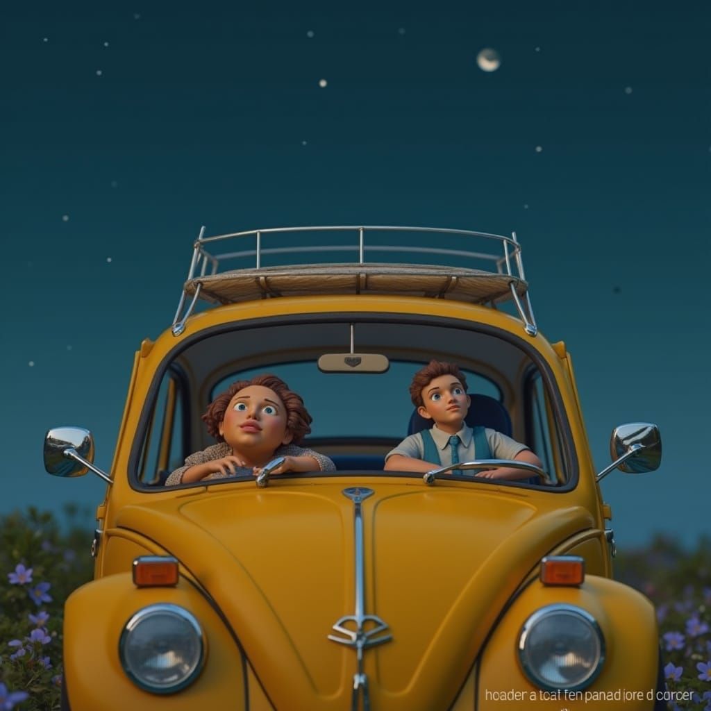 VW Coupe in Lush Foliage, Matte Painting Style