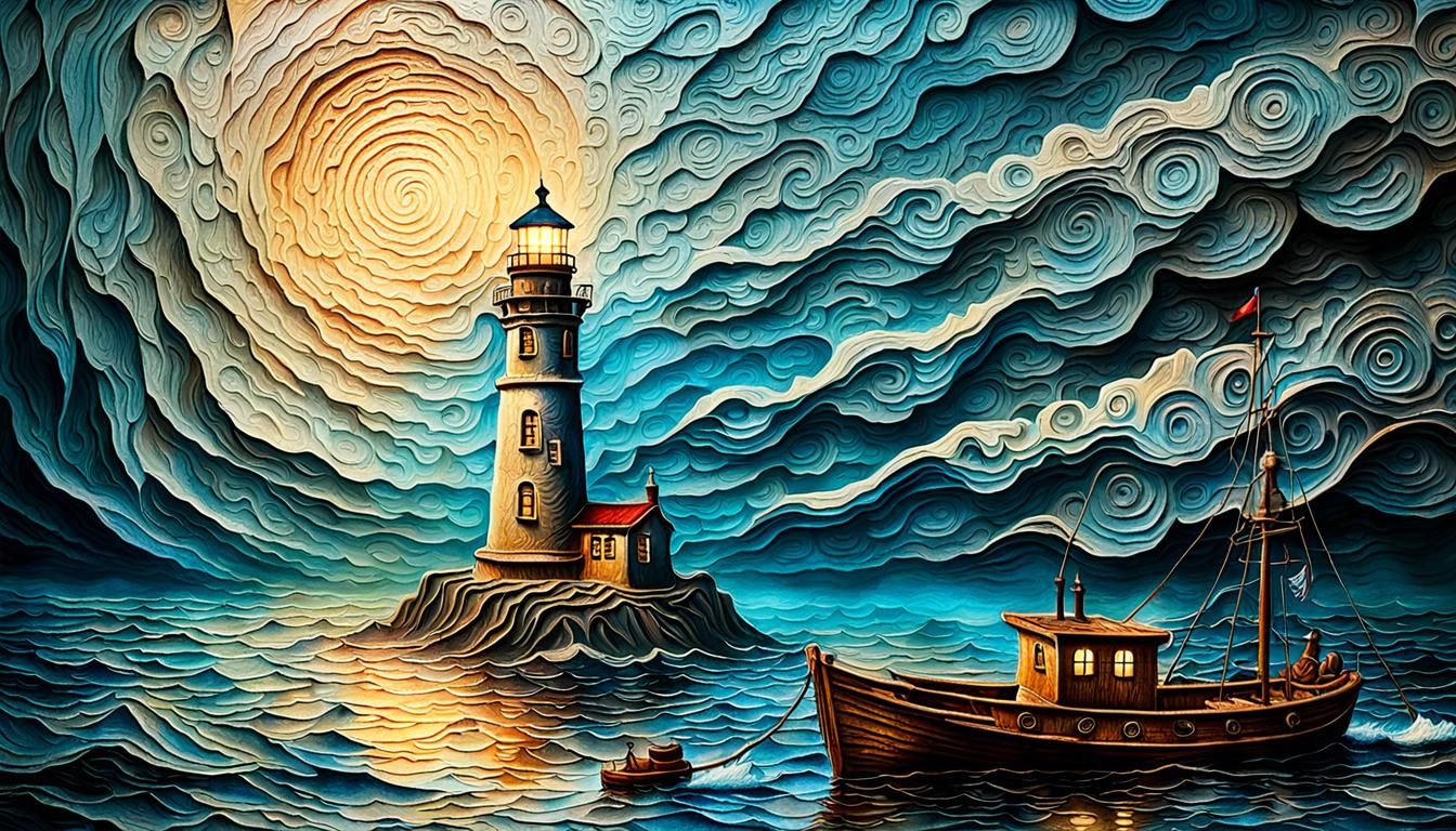 Lighthouse and Boat Embossed Art in Vintage Style