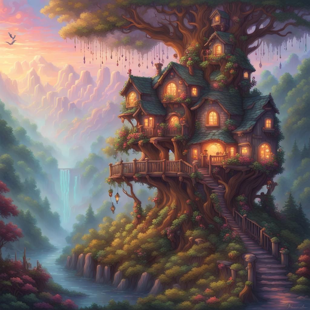 Cozy Whimsical Fantasy Treehouse in Pixel Art