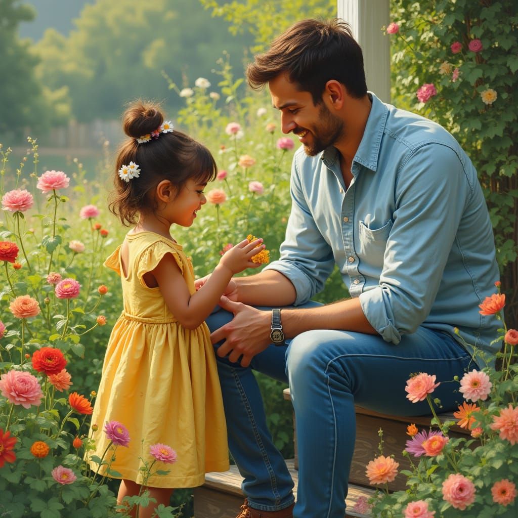 Child in Garden, Realism with Floral Details