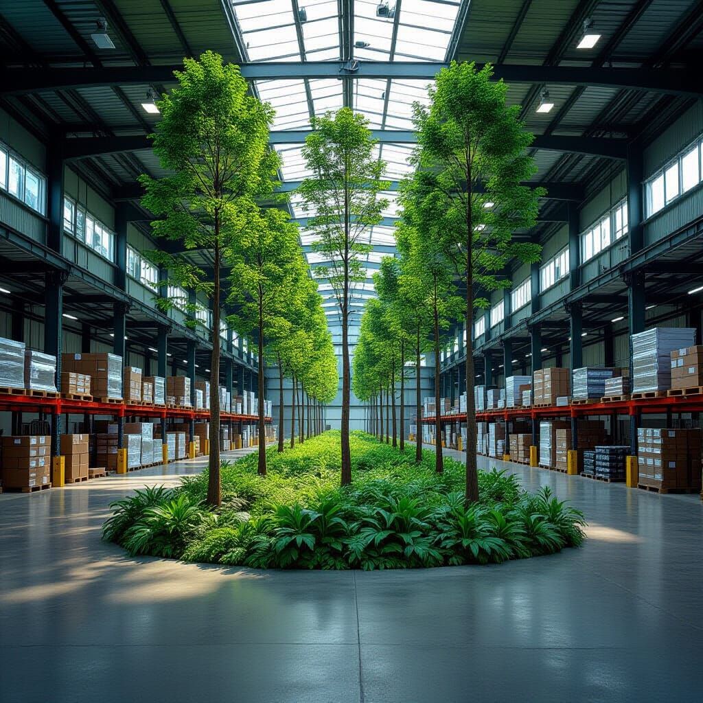 Lush Forest Growing in Industrial Warehouse