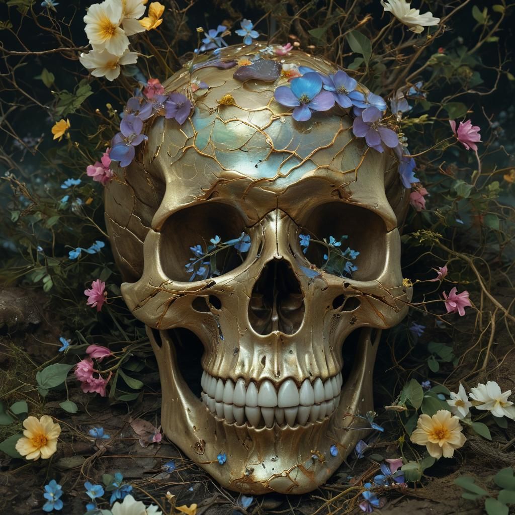 Iridescent Flowers Bloom in Kintsugi Skull