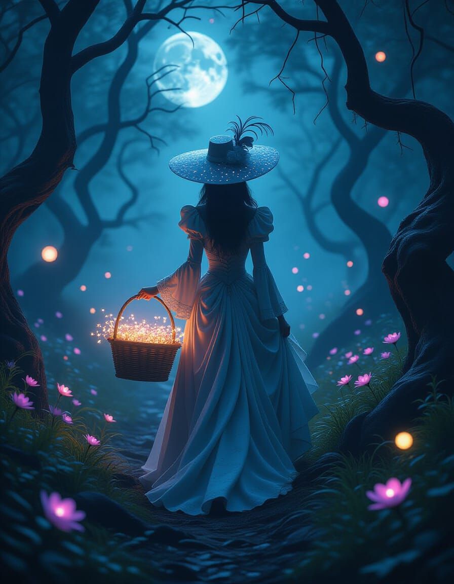 Surreal Woman in Moonlit Forest with Glowing Flowers