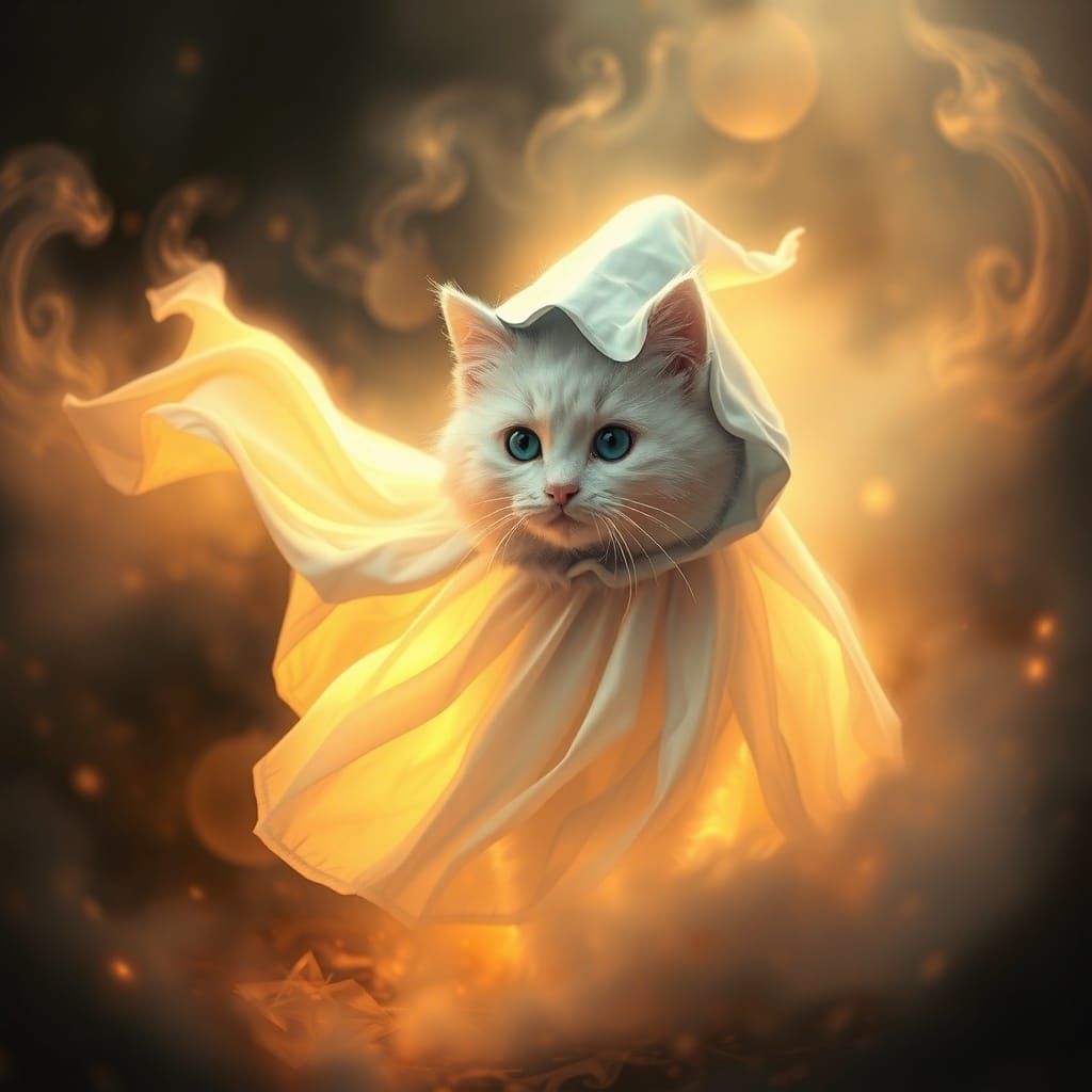 Fluffy Cat Ghost in Ethereal Halloween Mist