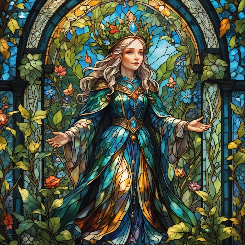beautiful painted glass window of a gnome goddess
