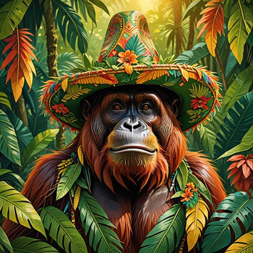 Orangutan in Sombrero, Mexican Folk Art Style