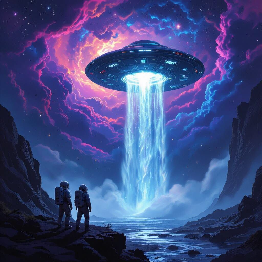 Astronauts Observe UFO Waterfall in Sci-Fi Style
