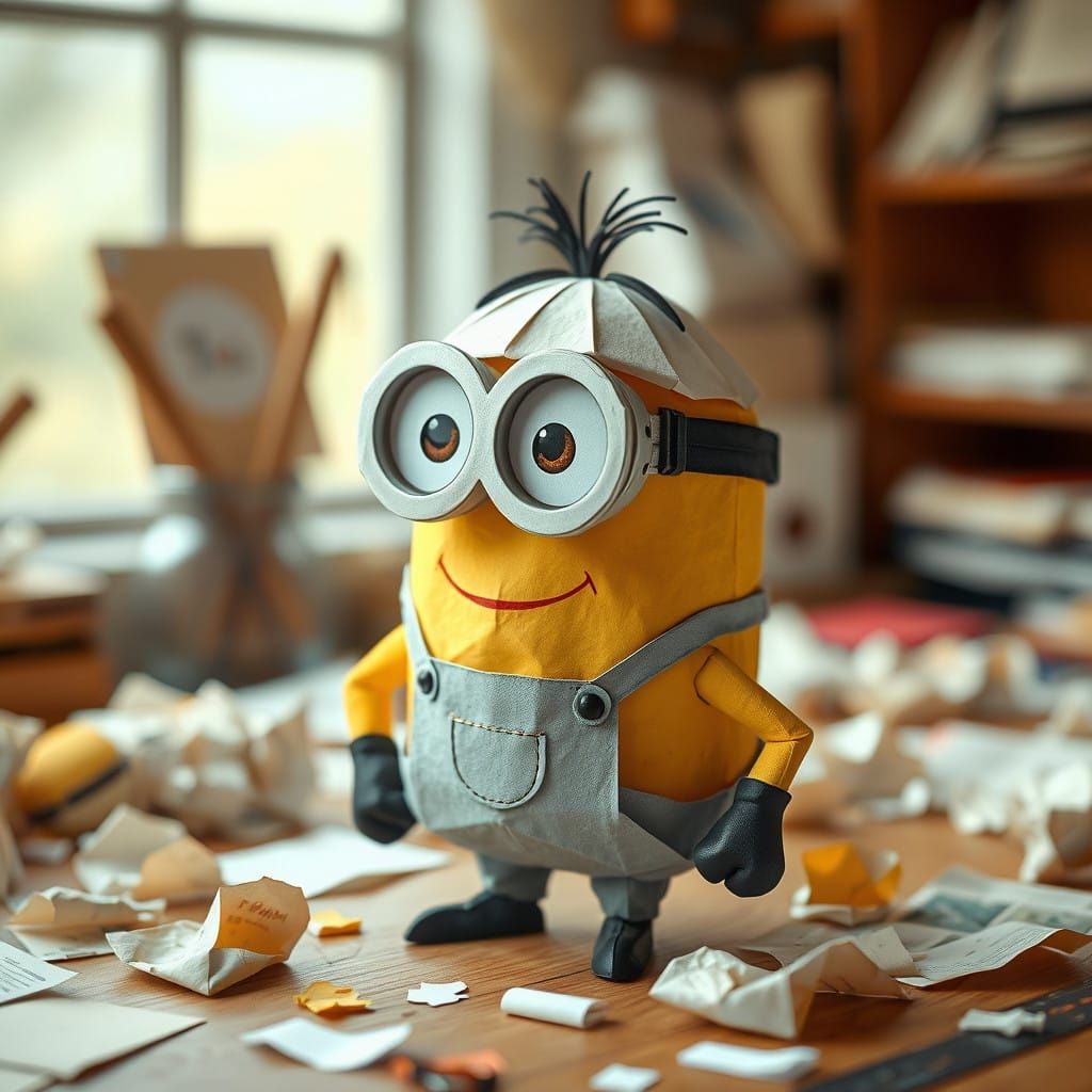 Whimsical Origami Minion in a Paper Craft Paradise