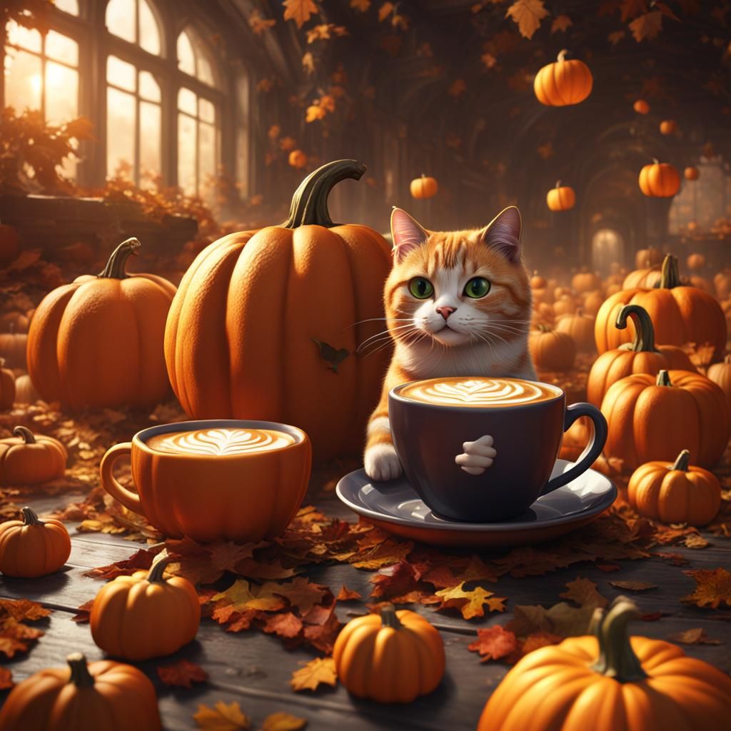 Cat Sipping Pumpkin Spice Latte: Digital Art