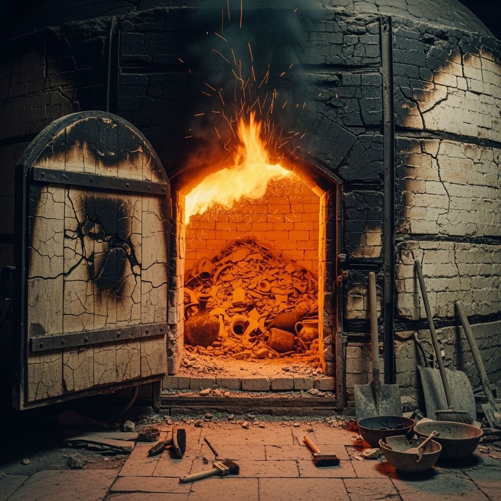 Ancient Pottery Kiln Ablaze with Fiery Glow