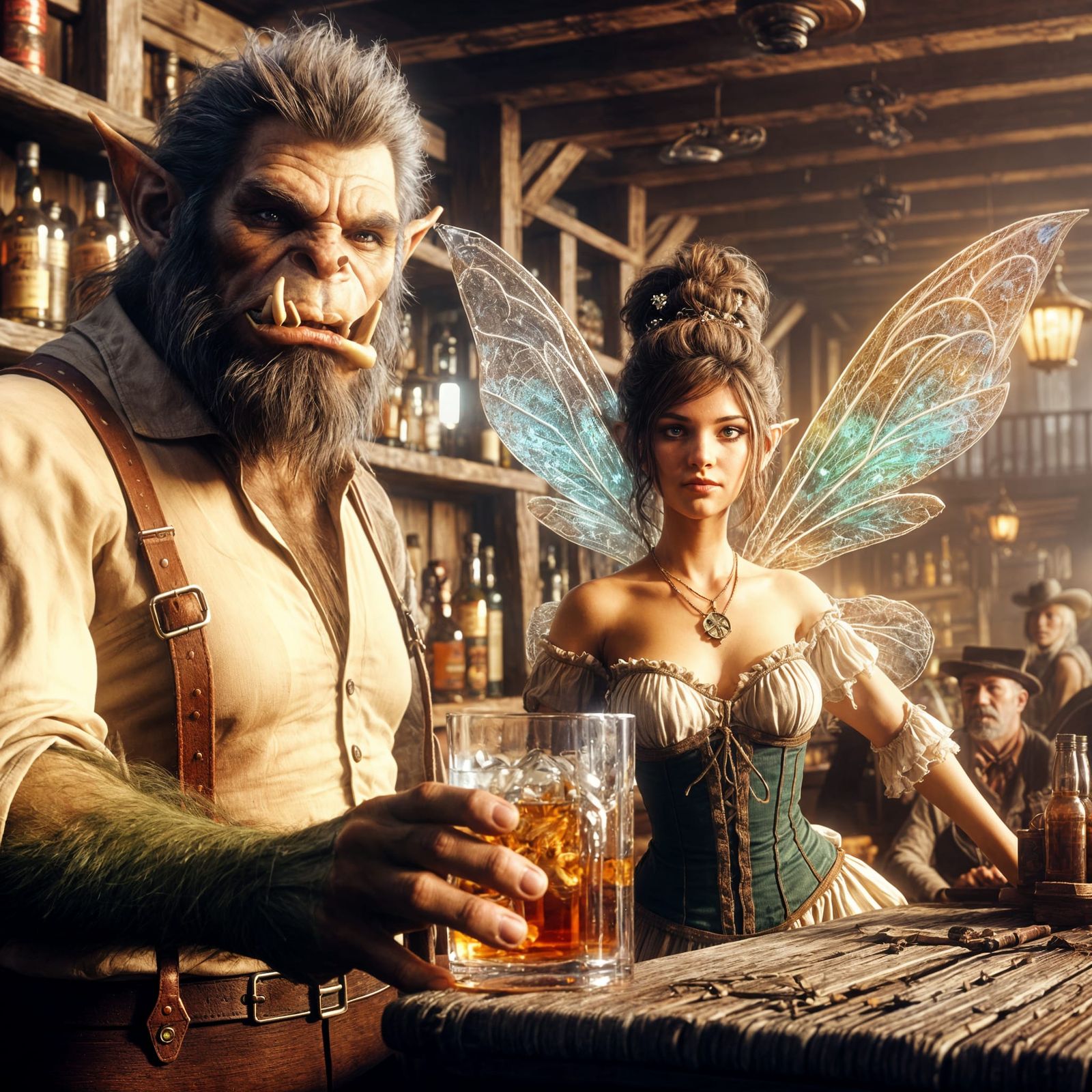 Wild West Saloon Scene with Orc Bartender and Fairy Saloon W...
