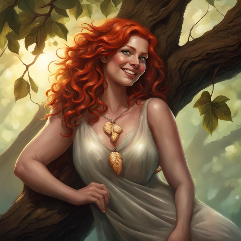 Redheaded Dryad with Acorn Pendant in Ethereal Lighting
