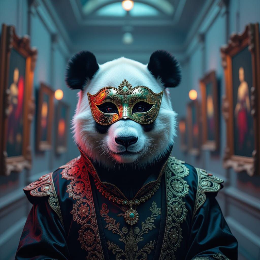 Panda in Venetian Mask at Art Gallery in Ethereal Light
