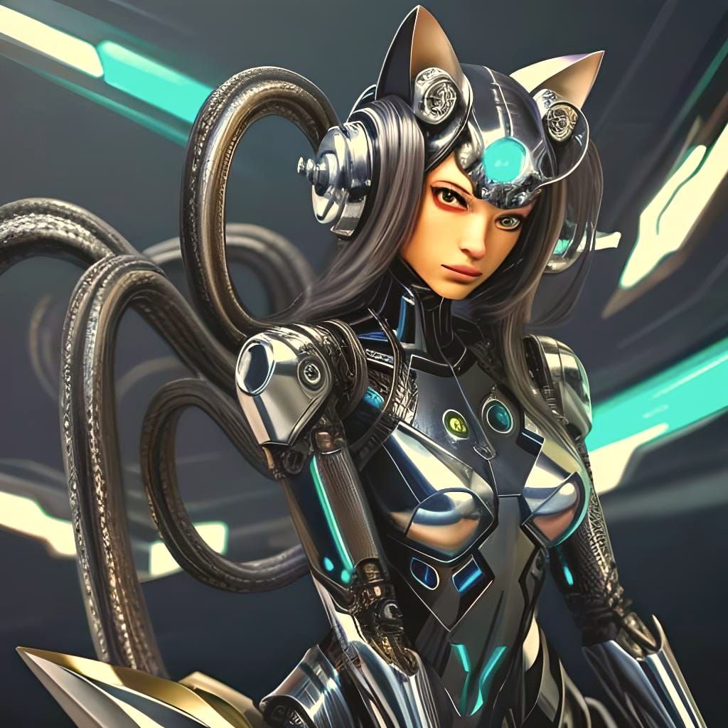 Cyborg Cat Girl with Metallic Tentacles