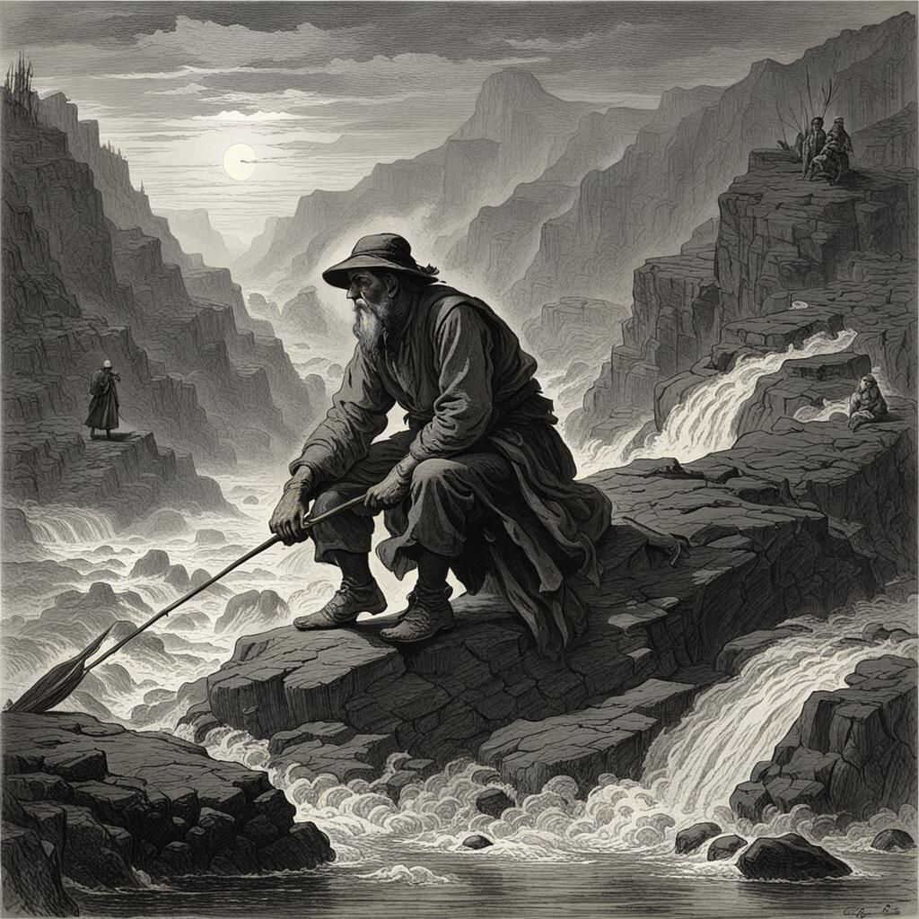 Fisherman's Struggle: A Dark Mountain River Scene