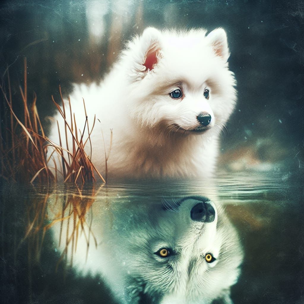 Whimsical White Wolf Emerge from Pond's Reflection in Oil an...